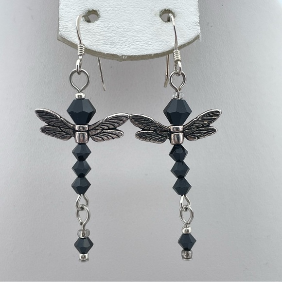 🖤 Sterling Silver Dragonfly Earrings with Black Crystal Beads - Picture 1 of 6